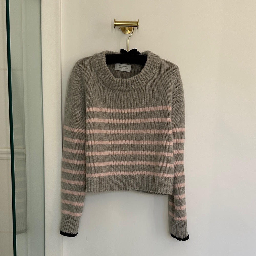 La Ligne Heather Gray and Soft Pink Striped Mini Marin Sweater